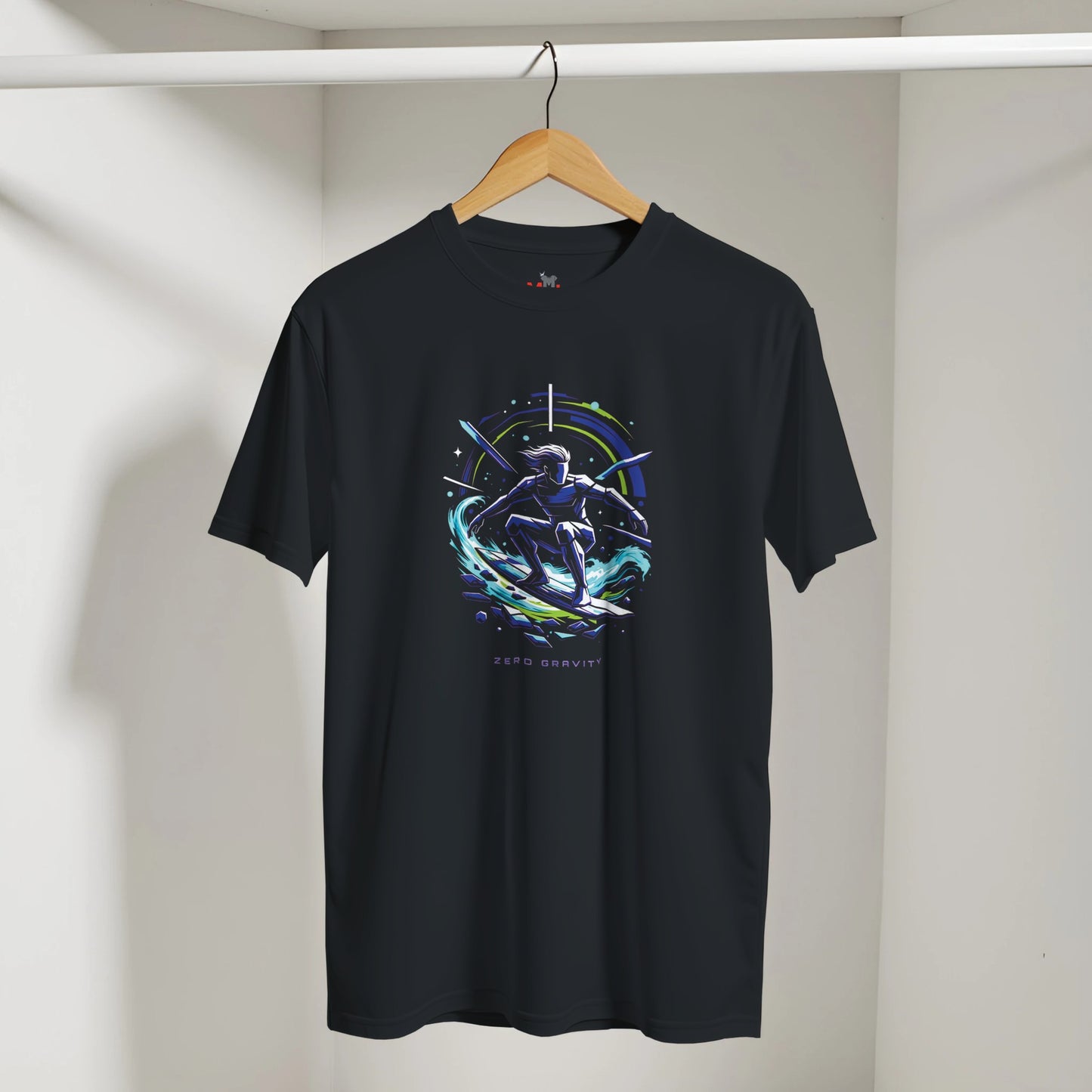 Black t-shirt with a colorful graphic design on a hanger against a neutral background
