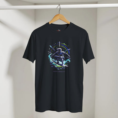 Black t-shirt with a colorful graphic design on a hanger against a neutral background