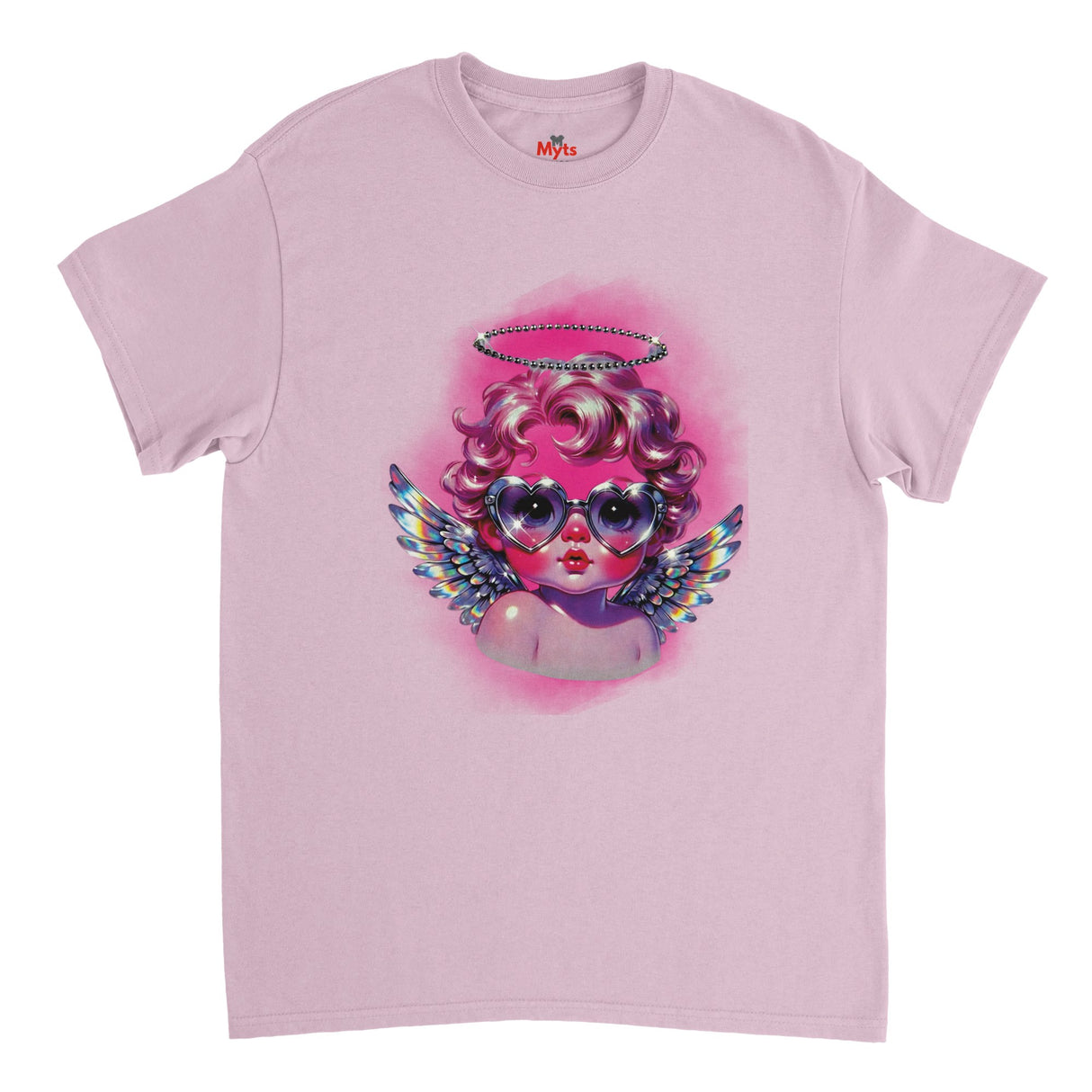 Pink t-shirt with a colorful angel graphic design on a white background