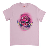 Pink t-shirt with a colorful angel graphic design on a white background