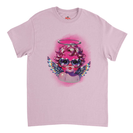Pink t-shirt with a colorful angel graphic design on a white background