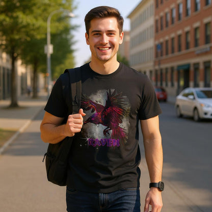 A man wearing a black t-shirt with a graphic design and text, standing on a street.