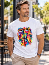 A man wearing a white crewneck t-shirt with a colorful, artistic graphic of three stylized faces in a watercolor splatter design. He is also wearing khaki pants, standing outdoors in a sunny, blurred urban environment.