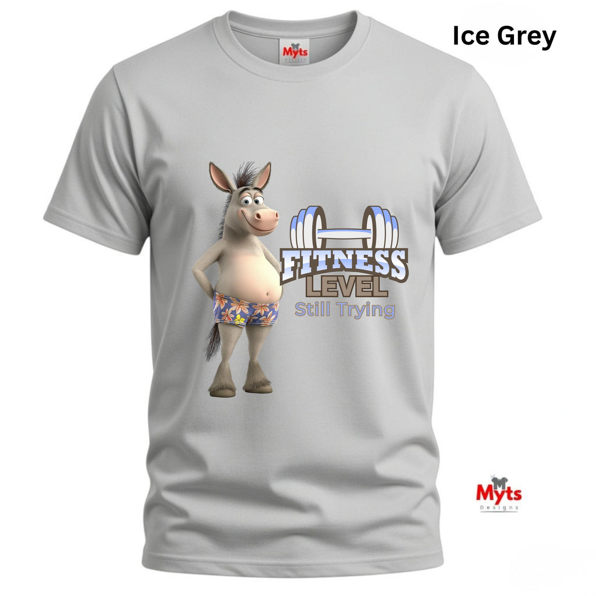 Ice Grey funny fitness T-shirt with floral shorts donkey illustration and motivational Still Trying gym slogan.