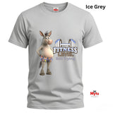 Ice Grey funny fitness T-shirt with floral shorts donkey illustration and motivational Still Trying gym slogan.