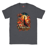Dark Heather crew neck T-shirt featuring the Unbound Dreams fantasy moon and floral graphic design.
