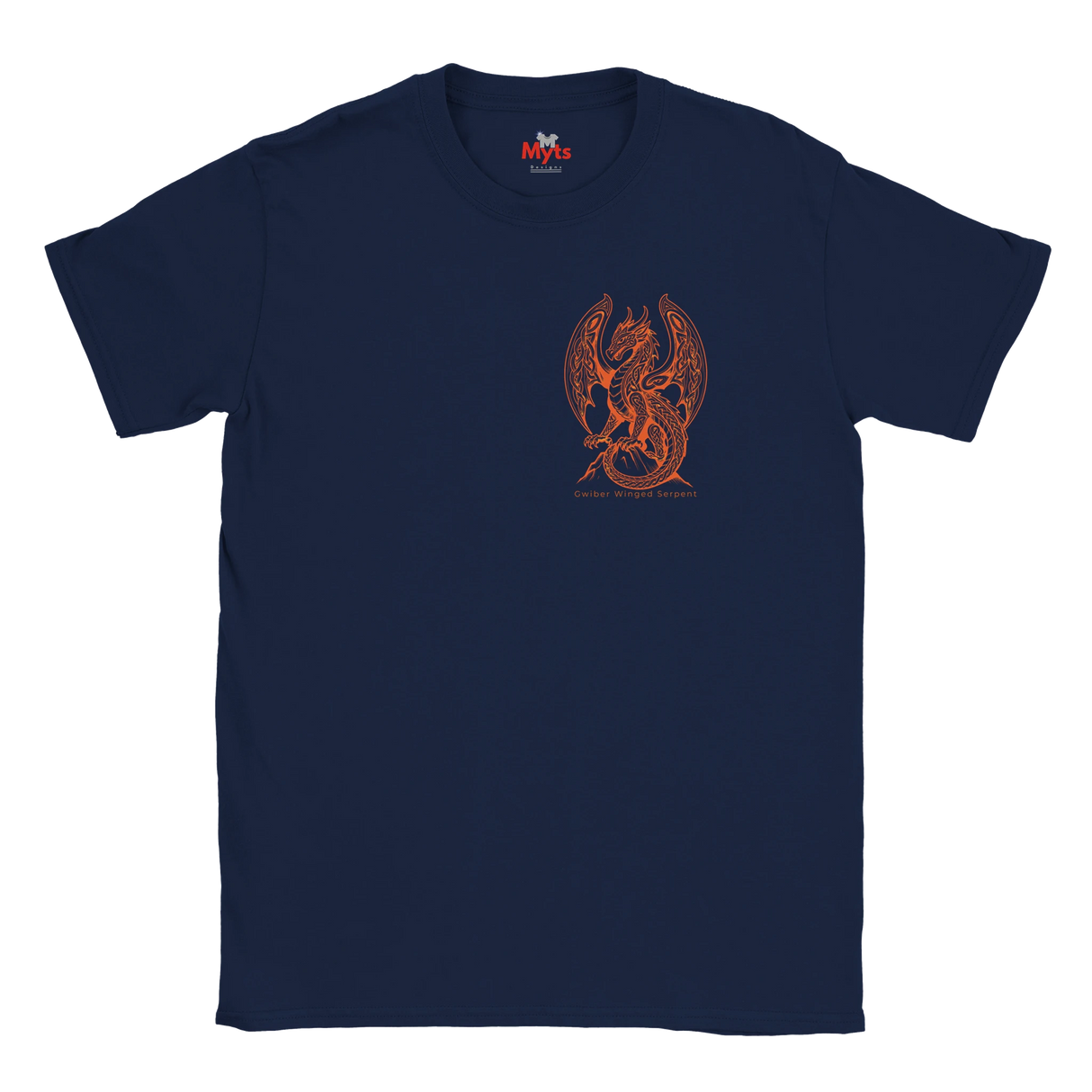 A navy blue short-sleeve crewneck t-shirt featuring a small orange graphic of a winged dragon on the left chest, displayed against a solid white background.