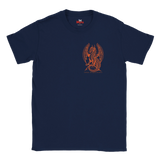 A navy blue short-sleeve crewneck t-shirt featuring a small orange graphic of a winged dragon on the left chest, displayed against a solid white background.