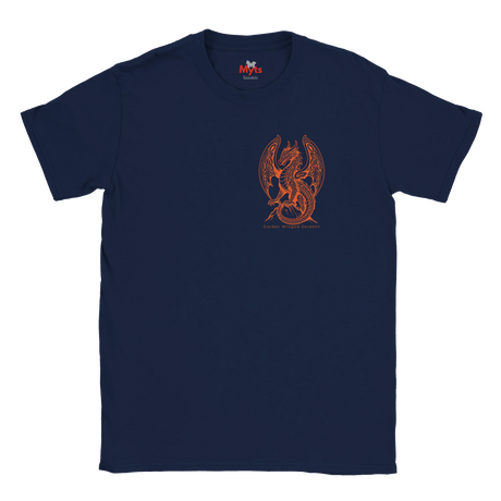 A navy blue short-sleeve crewneck t-shirt featuring a small orange graphic of a winged dragon on the left chest, displayed against a solid white background.