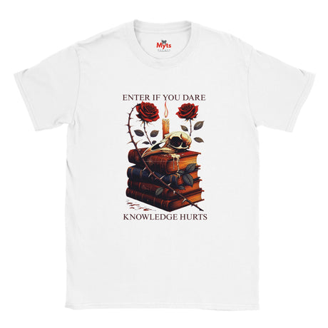 White t-shirt with a graphic design of books, roses, and candles with text on a white background.