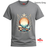 A gray short-sleeve crewneck t-shirt with a central graphic of a seashell, starfish, and floral elements in beige, orange, and blue. The shirt is displayed on a white background with 'Sports Grey' text in the top right and a 'Myts Designs' logo in the bottom right.