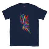 Navy blue t-shirt with a colorful abstract design on a white background