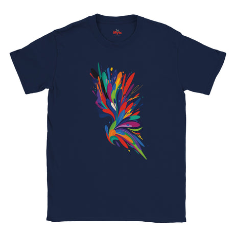 Navy blue t-shirt with a colorful abstract design on a white background