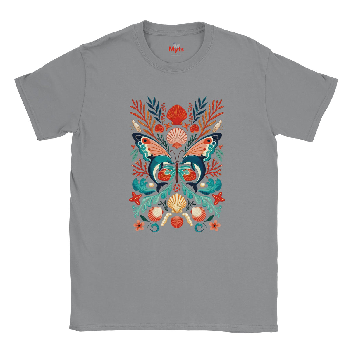 Sports grey crew-neck T-shirt featuring colourful dolphins, butterfly wings, shells and marine foliage.