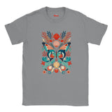 Sports grey crew-neck T-shirt featuring colourful dolphins, butterfly wings, shells and marine foliage.