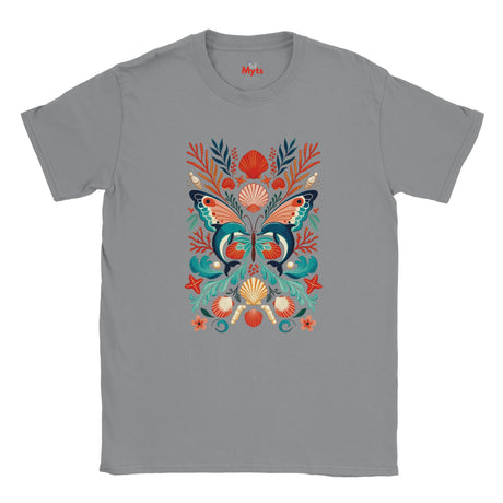 Sports grey crew-neck T-shirt featuring colourful dolphins, butterfly wings, shells and marine foliage.