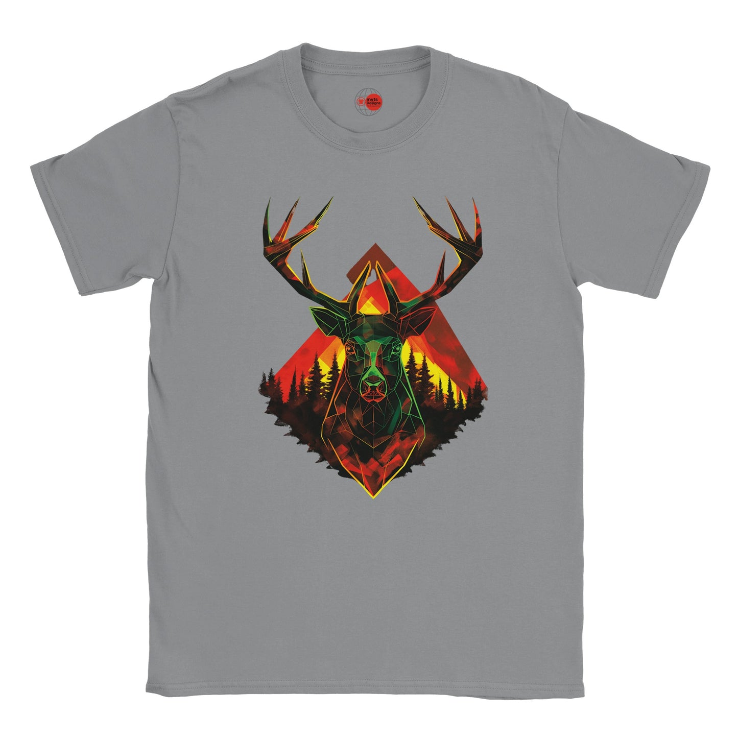 Gray t-shirt with a colorful deer head design on a white background