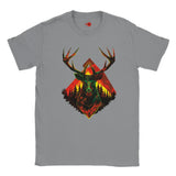 Gray t-shirt with a colorful deer head design on a white background