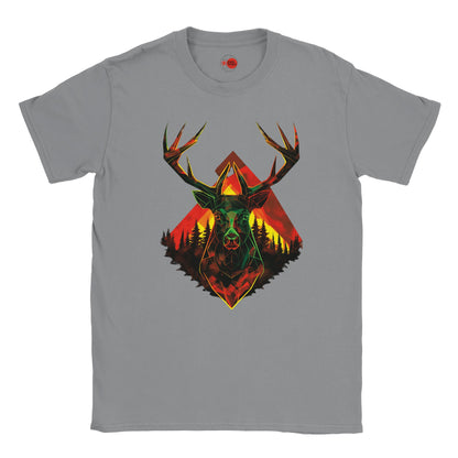 Gray t-shirt with a colorful deer head design on a white background