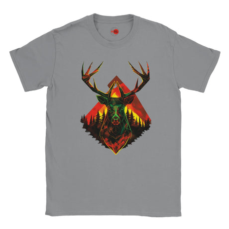 Gray t-shirt with a colorful deer head design on a white background