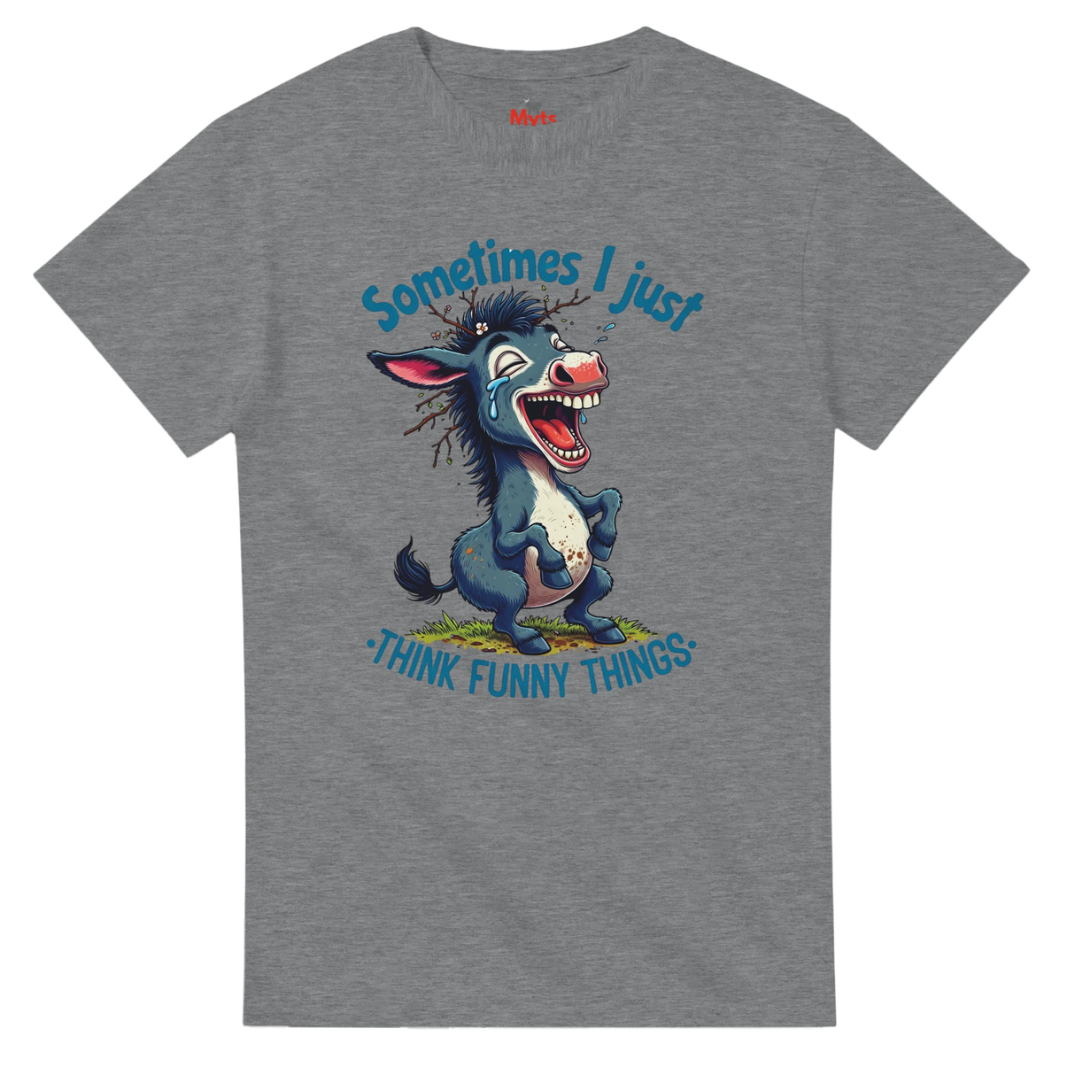 Gray t-shirt with a cartoon donkey and humorous text on a white background