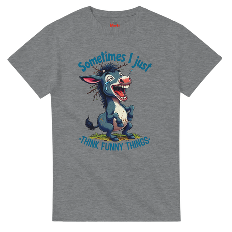 Gray t-shirt with a cartoon donkey and humorous text on a white background