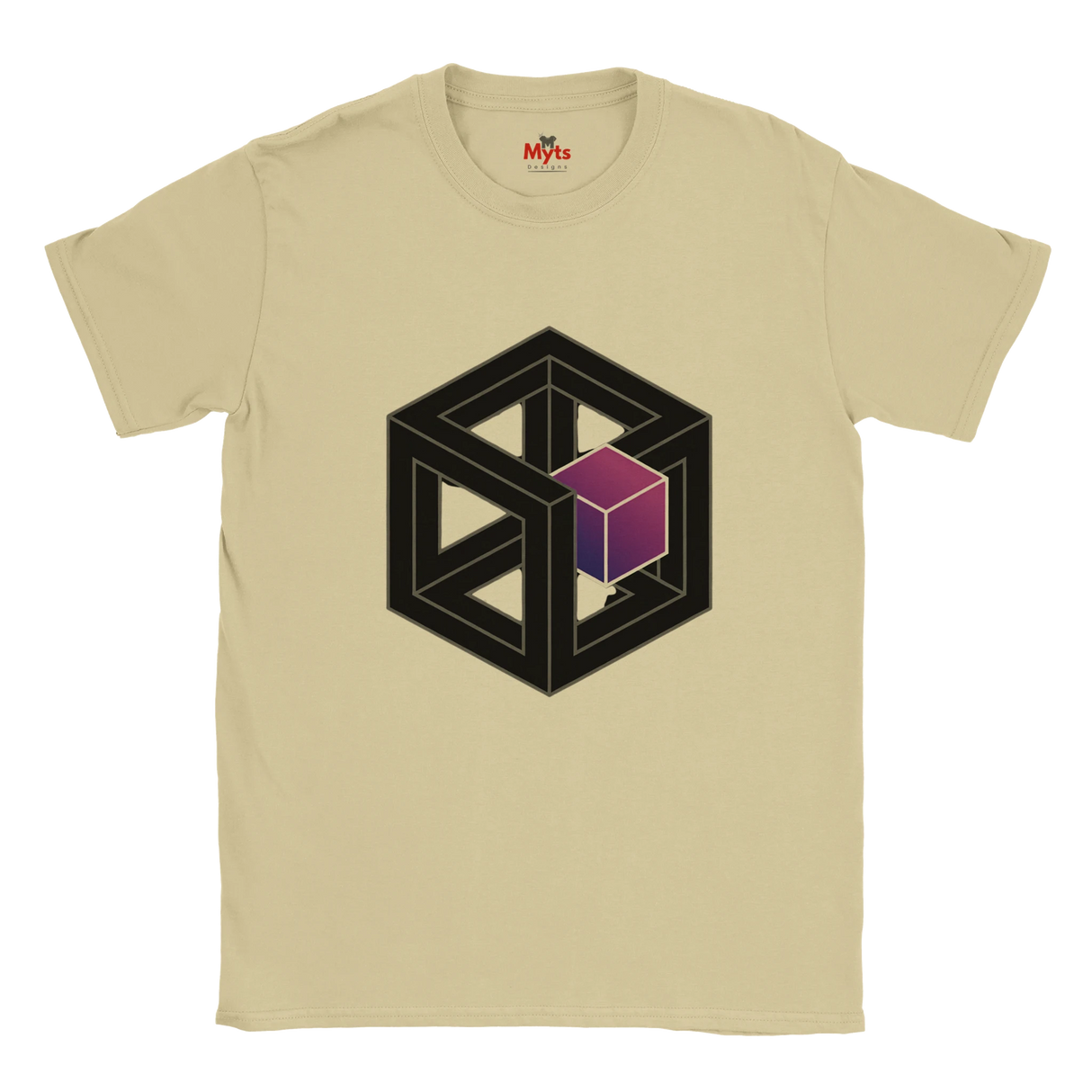 Sand t-shirt with a geometric design featuring a black cube and purple block on a white background.