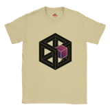 Sand t-shirt with a geometric design featuring a black cube and purple block on a white background.