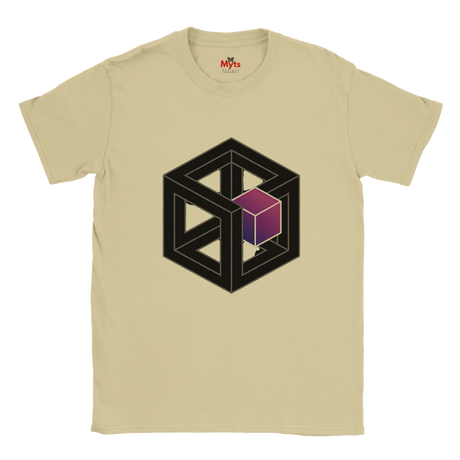 Sand t-shirt with a geometric design featuring a black cube and purple block on a white background.