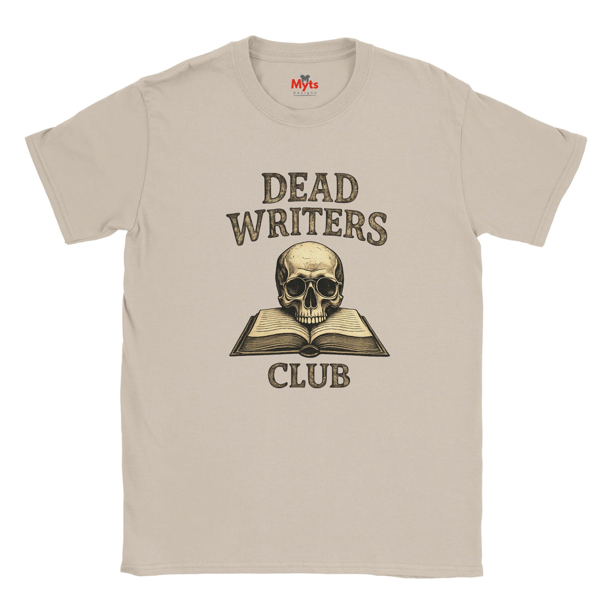 Natural t-shirt with 'Dead Writers Club' graphic featuring a skull and book on a white background