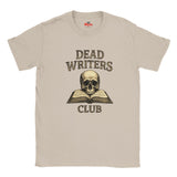Natural t-shirt with 'Dead Writers Club' graphic featuring a skull and book on a white background