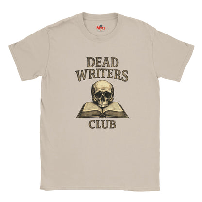 Natural t-shirt with 'Dead Writers Club' graphic featuring a skull and book on a white background