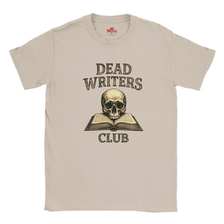 Natural t-shirt with 'Dead Writers Club' graphic featuring a skull and book on a white background