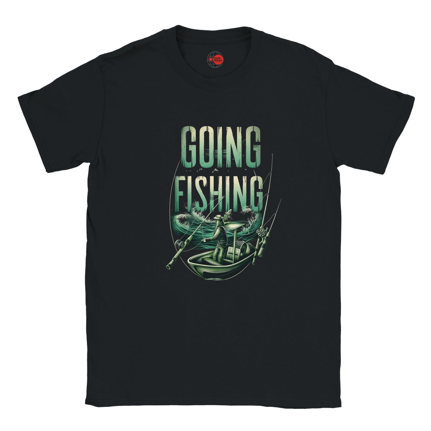 Black t-shirt with 'Going Fishing' graphic design on a white background