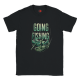 Black t-shirt with 'Going Fishing' graphic design on a white background