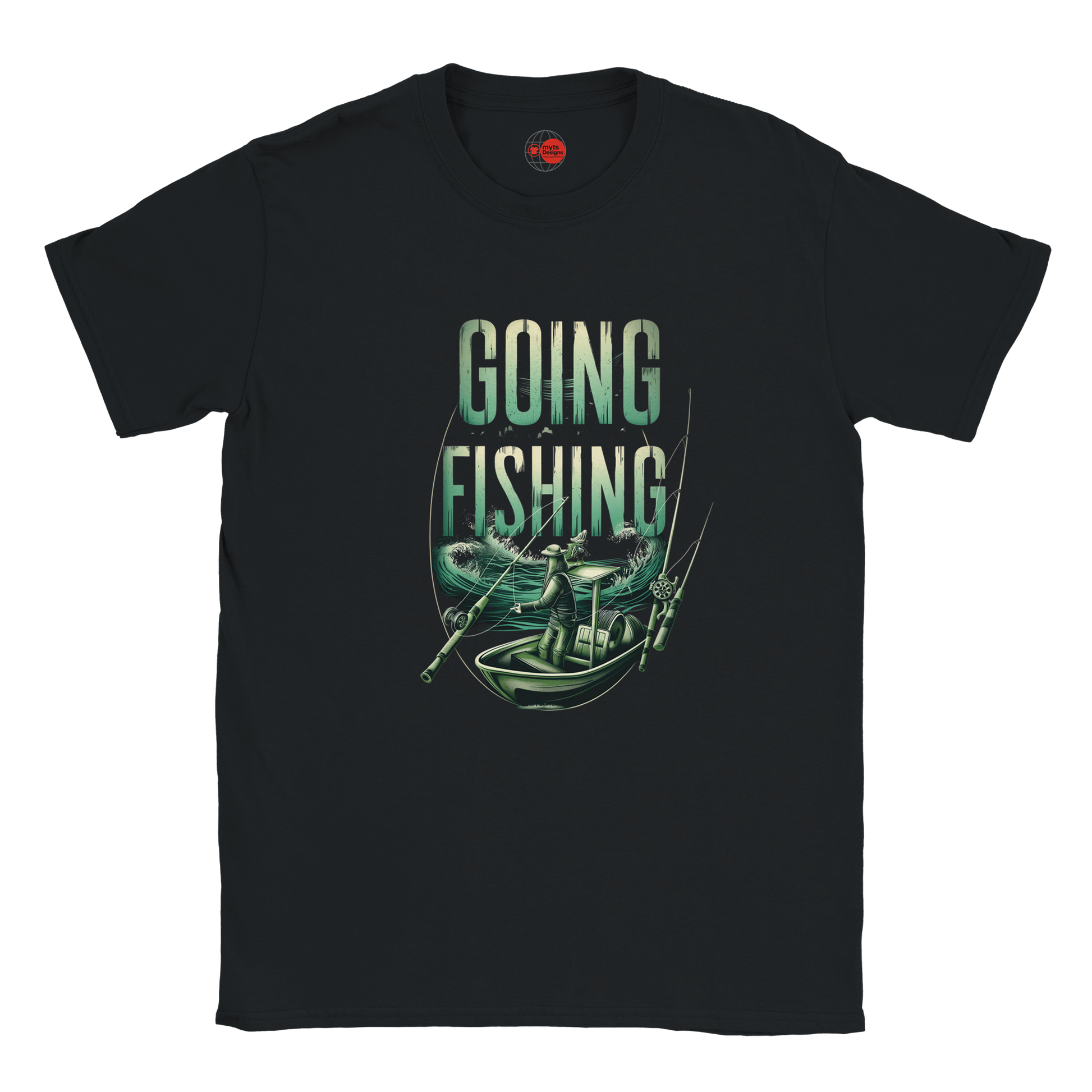 Black t-shirt with 'Going Fishing' graphic design on a white background