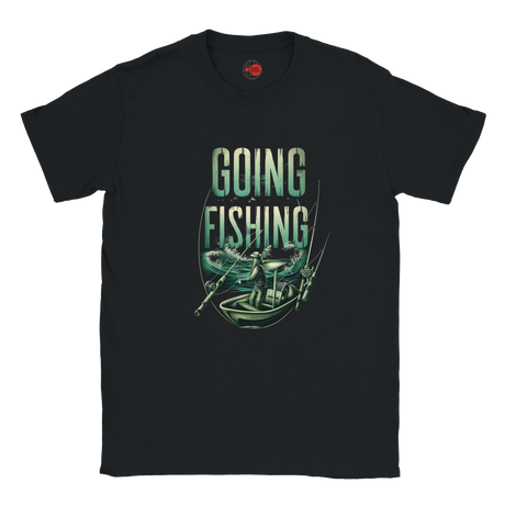 Black t-shirt with 'Going Fishing' graphic design on a white background