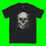Black t-shirt with a skull design on a Lime background