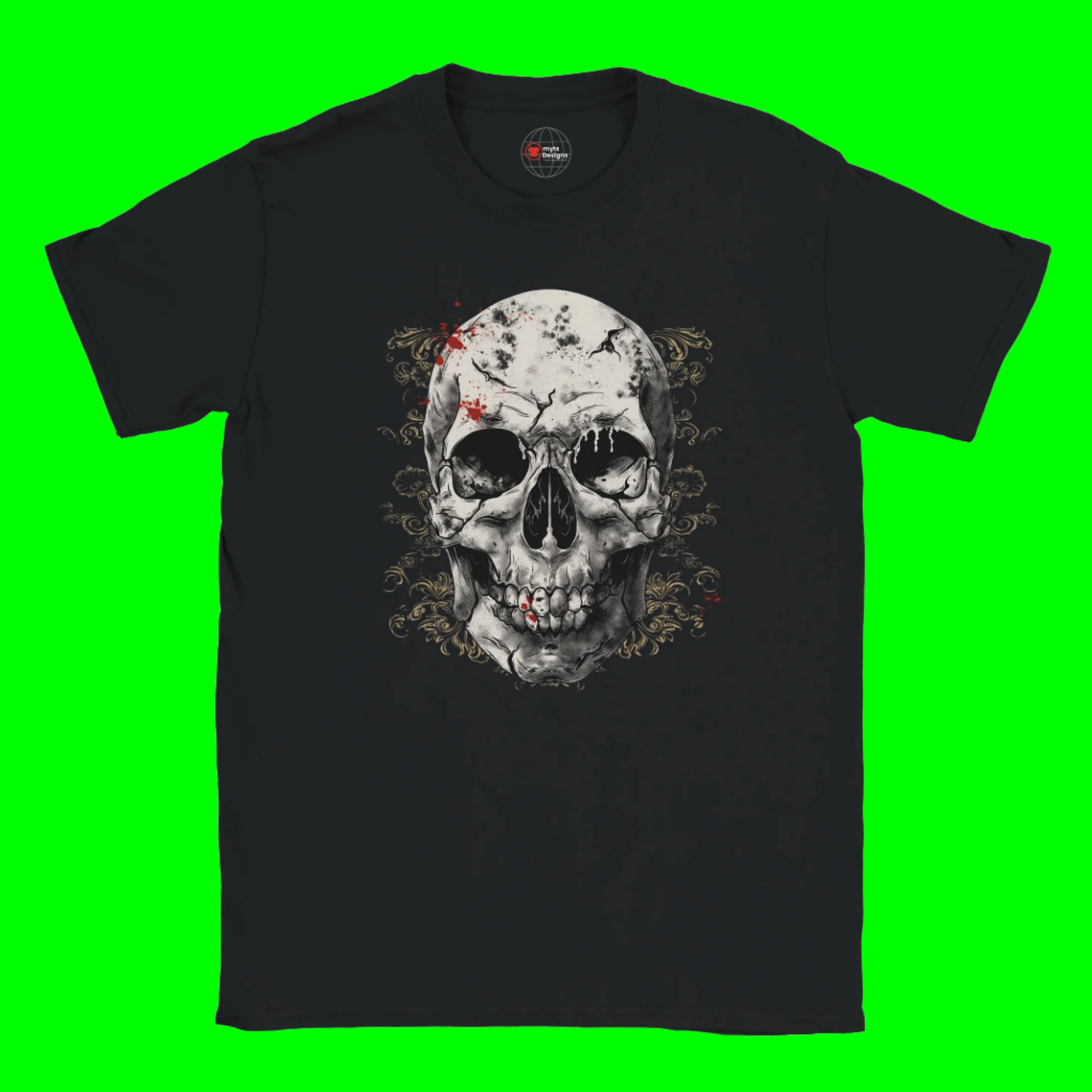 Black t-shirt with a skull design on a Lime background