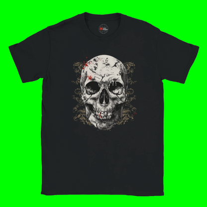 Black t-shirt with a skull design on a Lime background