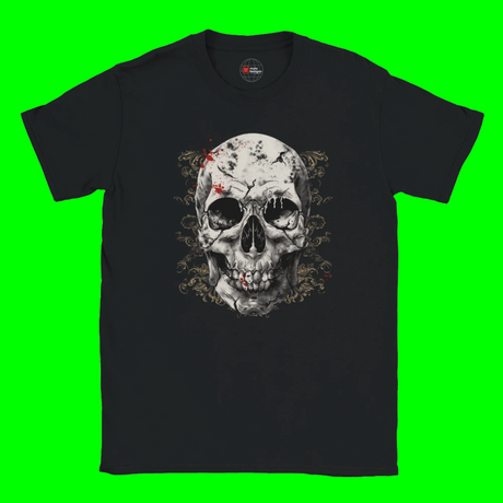 Black t-shirt with a skull design on a Lime background