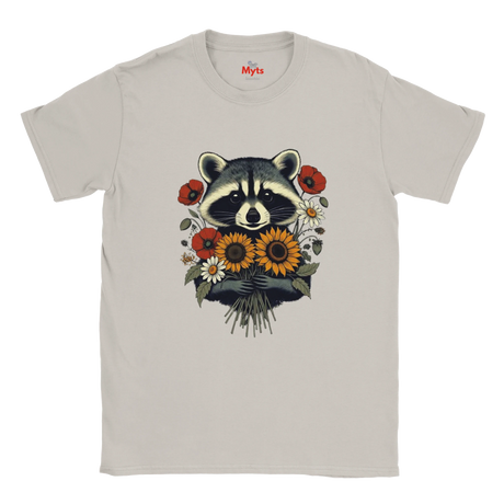 A light Natural crewneck t-shirt featuring a graphic print of a raccoon holding a bouquet of sunflowers, daisies, and red poppies. The brand name 'Myts' is printed inside the collar.