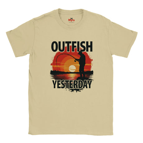 Natural t-shirt with a fishing graphic and 'Outfish Yesterday' text on a white background