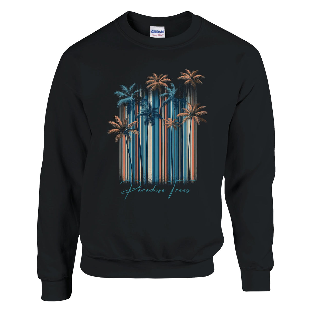 Black sweatshirt with palm tree design on a white background
