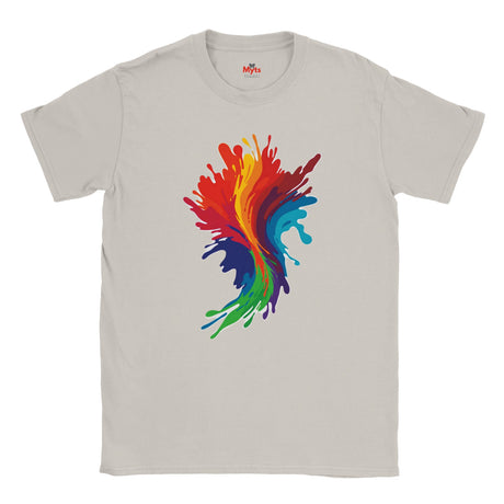 Ice Grey t-shirt with a colorful abstract design on a white background