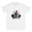 White t-shirt with a graphic of a muscular man lifting weights and text 'OUTWORK EVERYONE' on a white background.