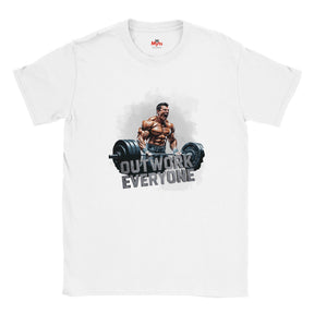 White t-shirt with a graphic of a muscular man lifting weights and text 'OUTWORK EVERYONE' on a white background.