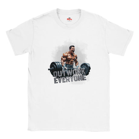 White t-shirt with a graphic of a muscular man lifting weights and text 'OUTWORK EVERYONE' on a white background.