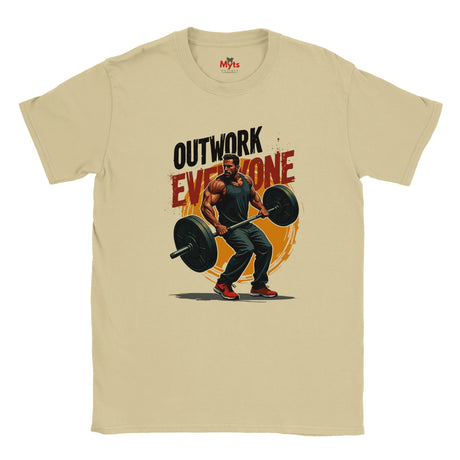 Natural t-shirt with a graphic of a man lifting weights and text 'Outwork Everyone' on a white background.