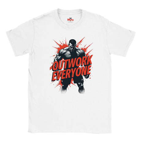 White t-shirt with a graphic of a muscular man and 'Outwork Everyone' text on a white background